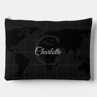 Pochette À Accessoires Carte du monde personnalisée noir blanc monogramme
