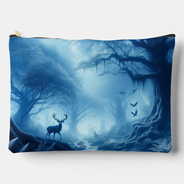 Pochette À Accessoires Cerf dans une forêt sombre de brume bleue (Recto)