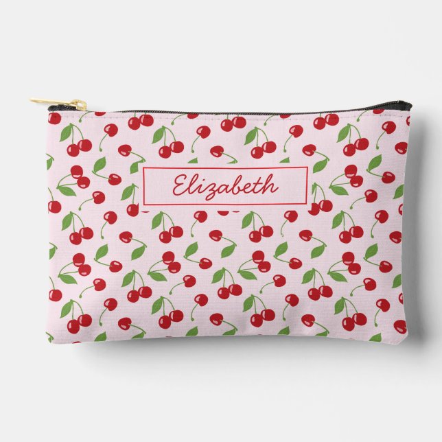 Pochette À Accessoires Cerises Motif avec nom rose pâle (Recto)