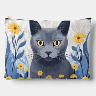Pochette À Accessoires Chat Bleu Russe Fleurs Jaunes