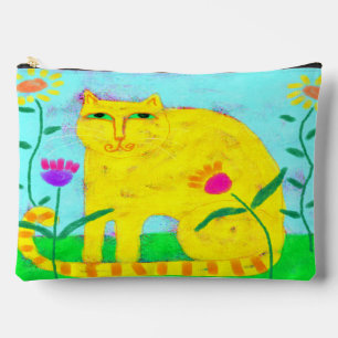 Pochette À Accessoires Chat jaune avec fleurs Art Abstrait