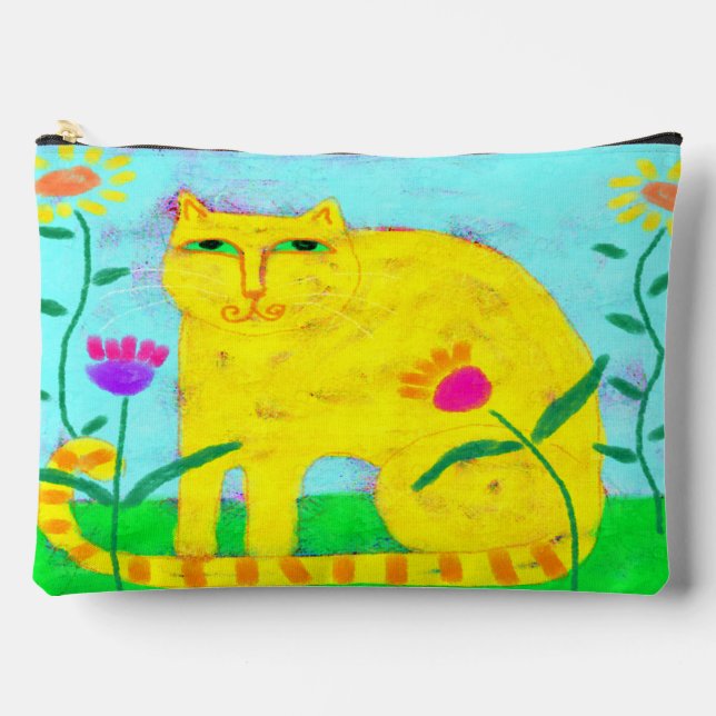 Pochette À Accessoires Chat jaune avec fleurs Art Abstrait (Recto)