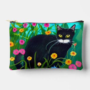Pochette À Accessoires Chat noir dans un jardin fleuri coloré