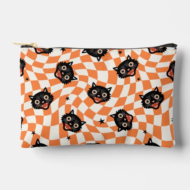 Pochette À Accessoires Chat noir rétro Motif chèque orange (Recto)