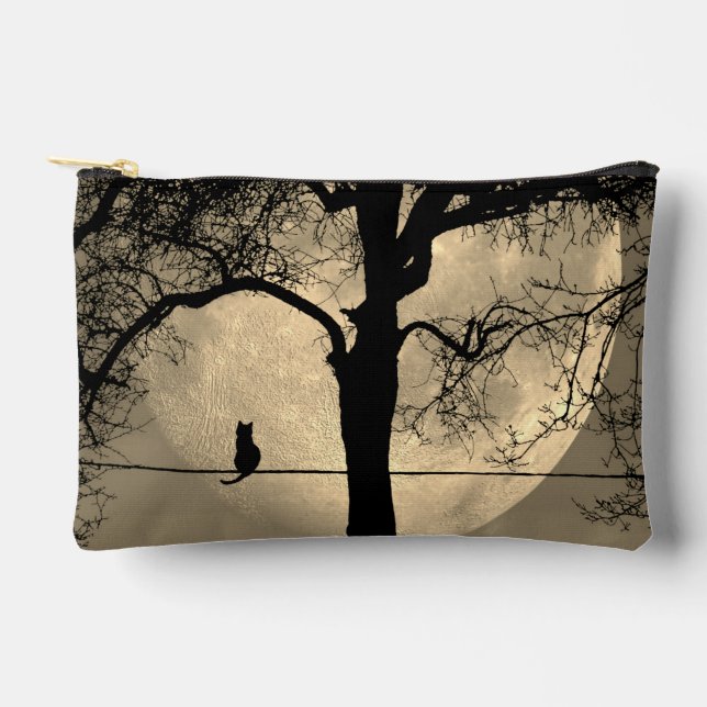 Pochette À Accessoires Chat sur une Pleine lune de fil (Recto)