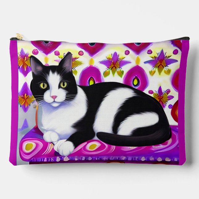 Pochette À Accessoires Chat Tuxedo noir et blanc sur un coussin (Recto)