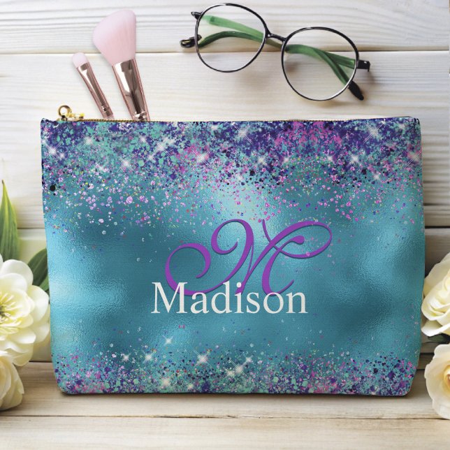 Pochette À Accessoires Chic bleu rose irisé parties scintillant monogramm (Créateur téléchargé)