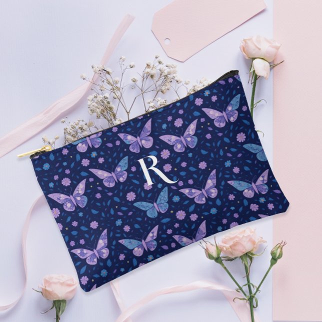 Pochette À Accessoires Chic Boho Motif Papillon Violet Monogramme (Créateur téléchargé)