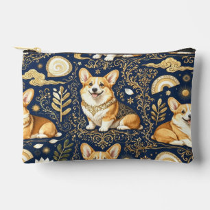 Pochette À Accessoires Chiens Corgi Élégants Motif Damassé Or Bleu Nuit 