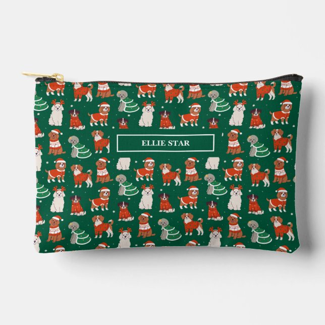 Pochette À Accessoires Chiens de Noël Vert Personnalisé Fille Cosmétique (Recto)