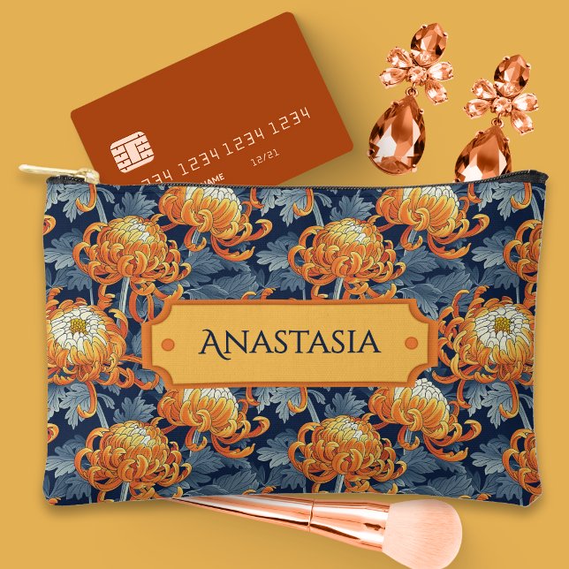 Pochette À Accessoires Chrysanthèmes bleus et dorés (Créateur téléchargé)