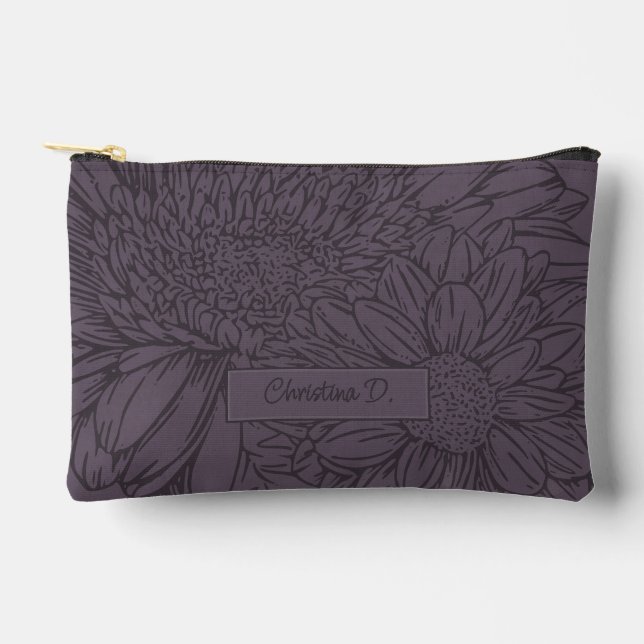 Pochette À Accessoires Chrysanthèmes et nom sur prune poussiéreuse  (Recto)