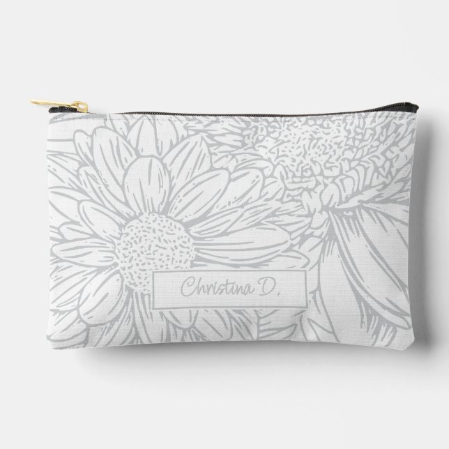 Pochette À Accessoires Chrysanthèmes gris sur fond blanc avec nom (Recto)