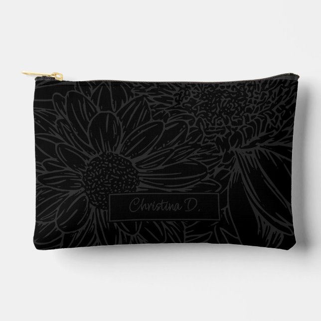 Pochette À Accessoires Chrysanthèmes grises sur fond noir avec nom (Recto)