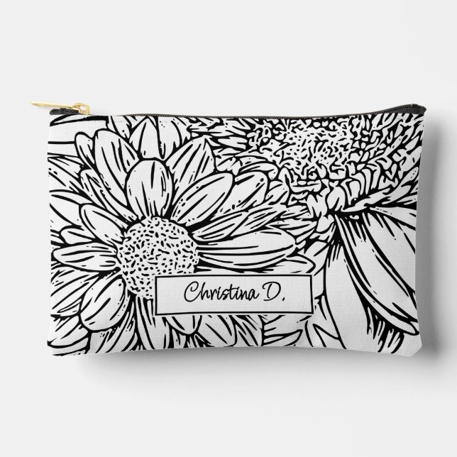 Pochette À Accessoires Chrysanthèmes noirs sur fond blanc avec nom (Recto)