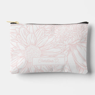Pochette À Accessoires Chrysanthèmes roses sur fond blanc avec nom