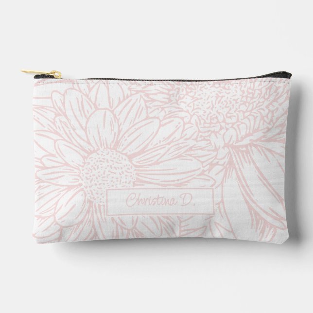 Pochette À Accessoires Chrysanthèmes roses sur fond blanc avec nom (Recto)