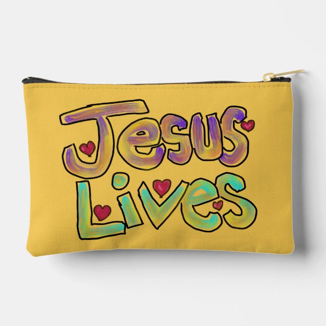 Pochette À Accessoires Citation Chrétienne ‘Jésus Vit’ Jaune Clair  (Verso)