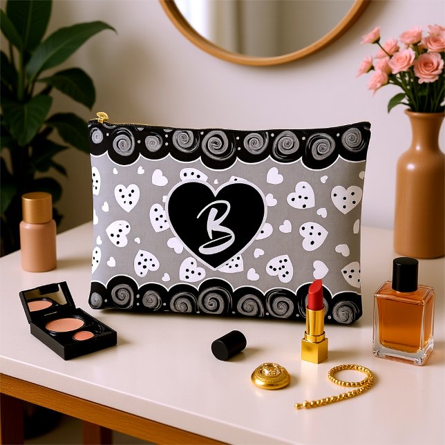 Pochette À Accessoires Coeur Noir Et Argent À La Mode Avec Des Points Et  (Classy black & white custom hearts and twirls for that special woman in your life.)