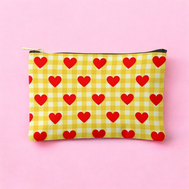 Pochette À Accessoires Coeur rouge Jaune En vichy Motif Saint Valentin (Red Heart Yellow Gingham Pattern Valentine's Day Accessory Pouch)