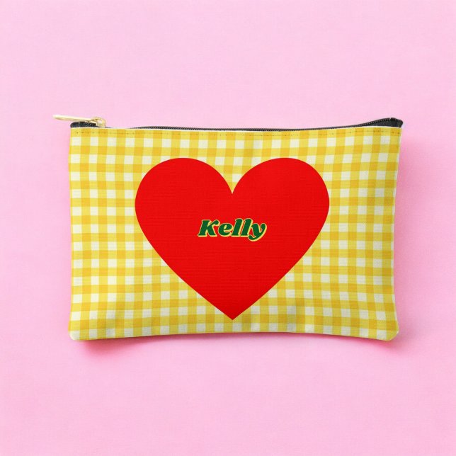 Pochette À Accessoires Coeur rouge Jaune En vichy Motif Saint Valentin (Red Heart Yellow Gingham Pattern Valentine's Day Accessory Pouch)