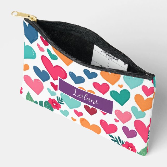 Pochette À Accessoires Coeurs colorés personnalisés (Ouvrir)