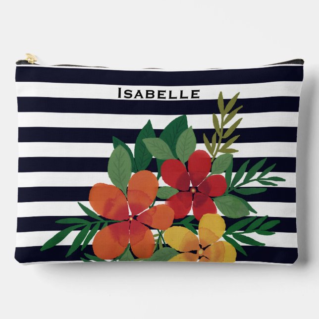 Pochette À Accessoires Coloré Floral Noir Blanc rayé Personnalisé (Recto)