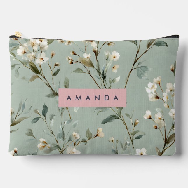Pochette À Accessoires Conception de fleurs vert pastel doux personnalisé (Recto)