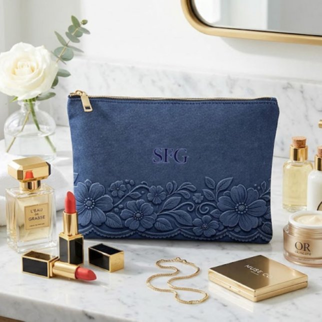 Pochette À Accessoires Conception de monogramme floral en denim marine (Créateur téléchargé)