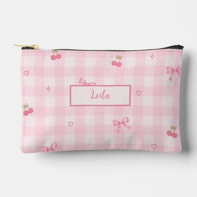 Pochette À Accessoires Conception de nom de script à nœud cerise en vichy (Recto)
