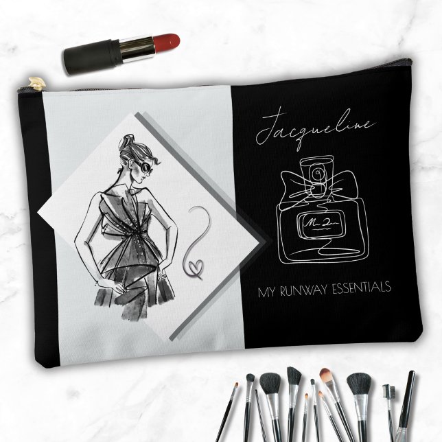 Pochette À Accessoires Conception de parfum monochrome élégante (Personalized monochrome fashion sketch makeup bag with perfume bottle line art.)
