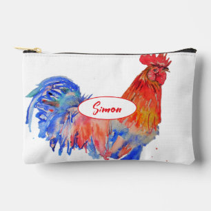 Pochette À Accessoires Coq Rouge Nom de Garçon Aquarelle Bleue Poulet