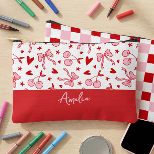 Pochette À Accessoires Coquette Cerise et Rubans Damier Rose et Rouge