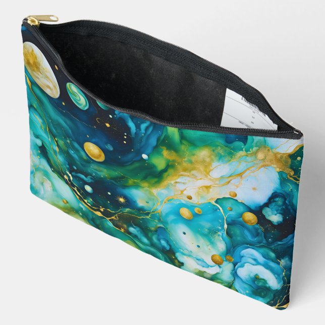 Pochette À Accessoires Cosmos d'encre d'alcool bleu vert or (Ouvrir)