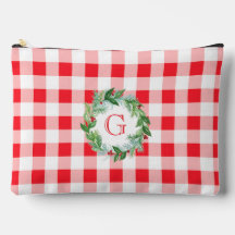 Couronne de pin à l'aquarelle MONOGRAMME Vichy rou