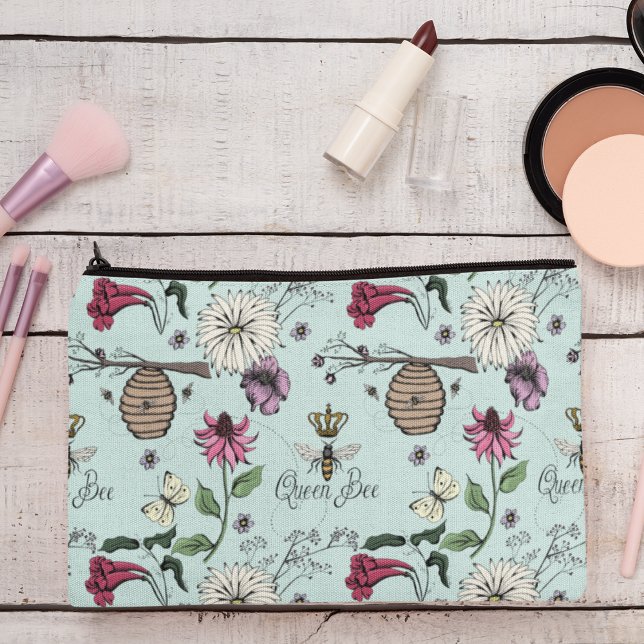 Pochette À Accessoires Couronne Turquoise Queen Bee & Gold (Chic & Trendy Queen Bee & Exotic Flowers Makeup or Accessory Pouch. Elegant Turquoise Background.)