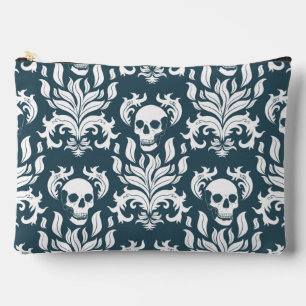 Pochette À Accessoires Crâne flamme Damas en blanc croustillant sur bleu 