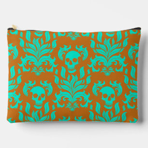 Pochette À Accessoires Crâne flamme Damas en vert toxique sur orange