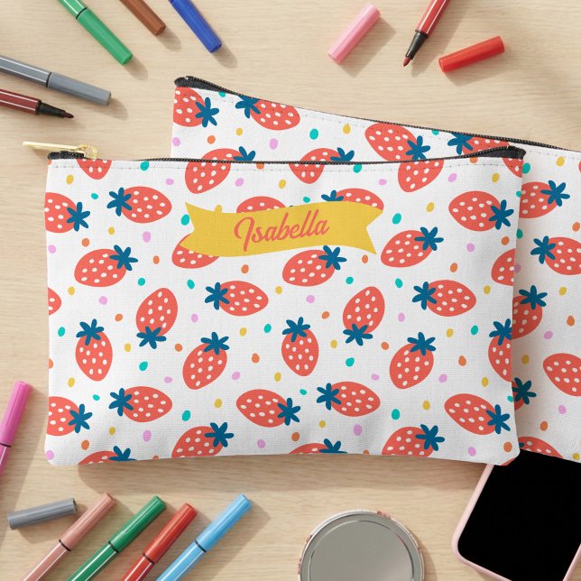 Pochette À Accessoires Crayon Personnalisé Fantaisie Fraise & Points & (Strawberry and Polka Dot bright colorful personalized pencil pouch)