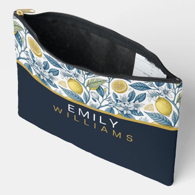 Pochette À Accessoires Custom Elegant Mediterranean Lemon Botanical Navy (Ouvrir)