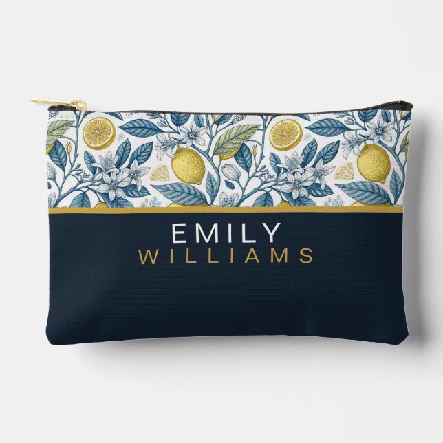 Pochette À Accessoires Custom Elegant Mediterranean Lemon Botanical Navy (Recto)