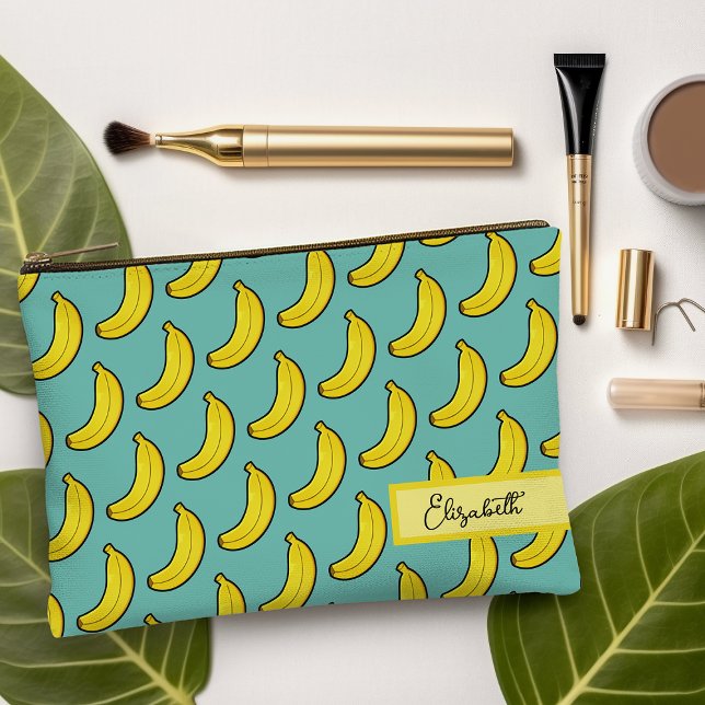 Pochette À Accessoires Cute Aqua Bleu Banane Jaune Personnalisée (Cute Aqua Blue Yellow Banana Personalized Accessory Pouch)