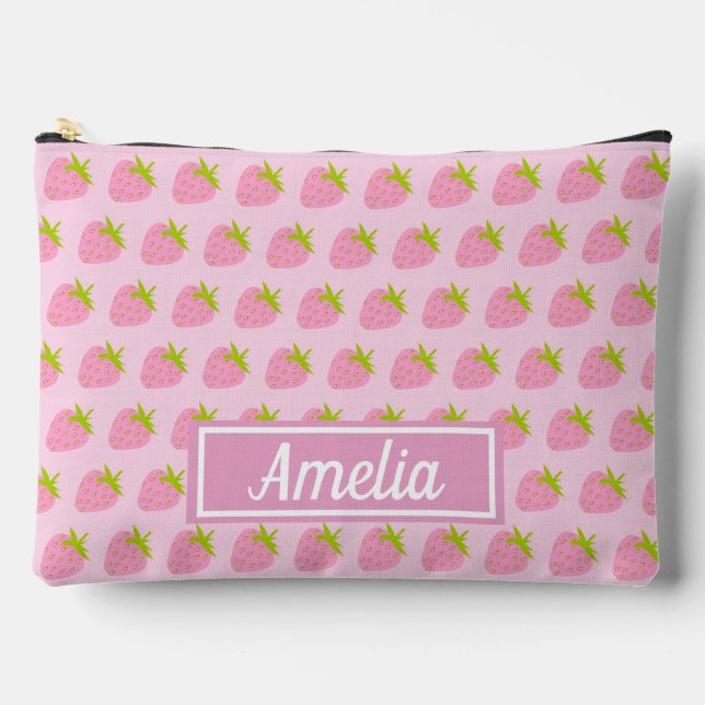 Pochette À Accessoires Cute Girly Pink Strawberry Pattern Personalised (Recto)