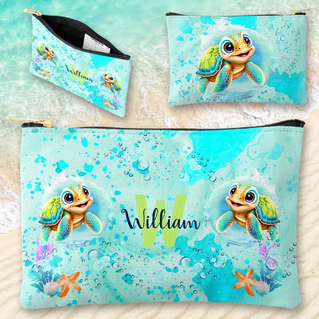 Pochette À Accessoires Cute Happy Turtle Boy Ocean Blue Turquoise Nom (Cute Happy Turtle Boy Ocean Blue Turquoise Name Accessory Pouch)