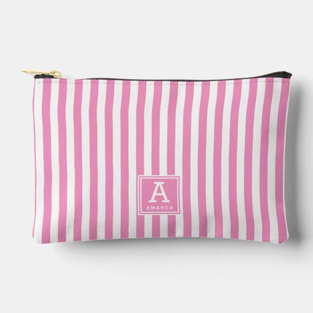 Pochette À Accessoires Cute Rose Chaud Pink Stripes Initiales Monogrammes (Recto)