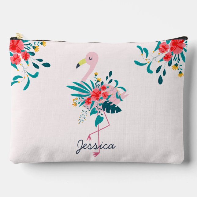 Pochette À Accessoires Cute Tropical Floral Flamant rose Personnalisé (Recto)