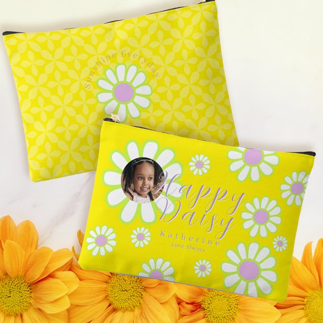 Pochette À Accessoires Daisy Simple Photo Jaune (Daisy Happy Photo Yellow Accessory Pouch. An ideal gift for back to school.)