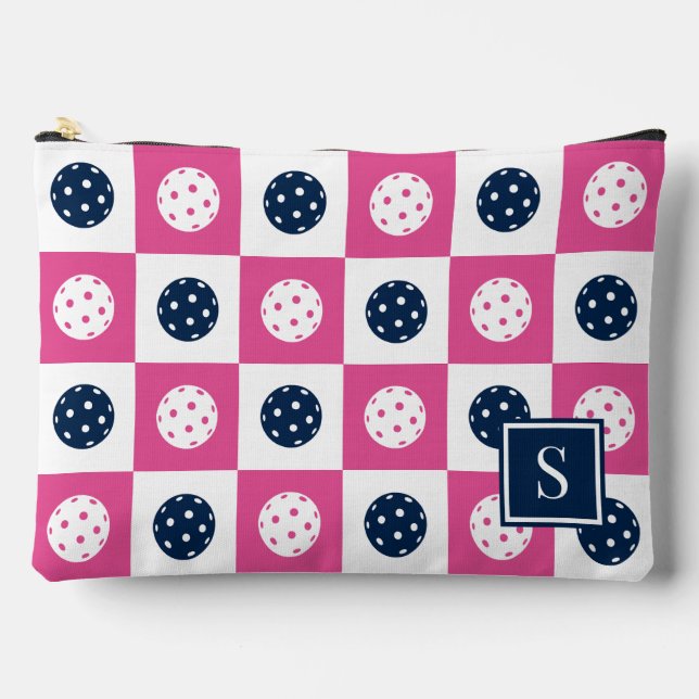 Pochette À Accessoires Damier de Pickleball Prépa - Rose Chaud & Navy (Recto)