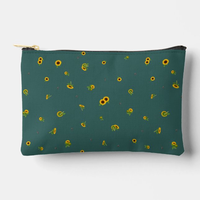 Pochette À Accessoires Deep Teal Japanese Sunflower Floral Pattern (Recto)
