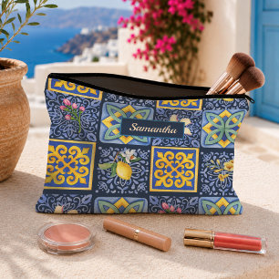 Pochette À Accessoires Design floral méditerranéen citrin bleu chic